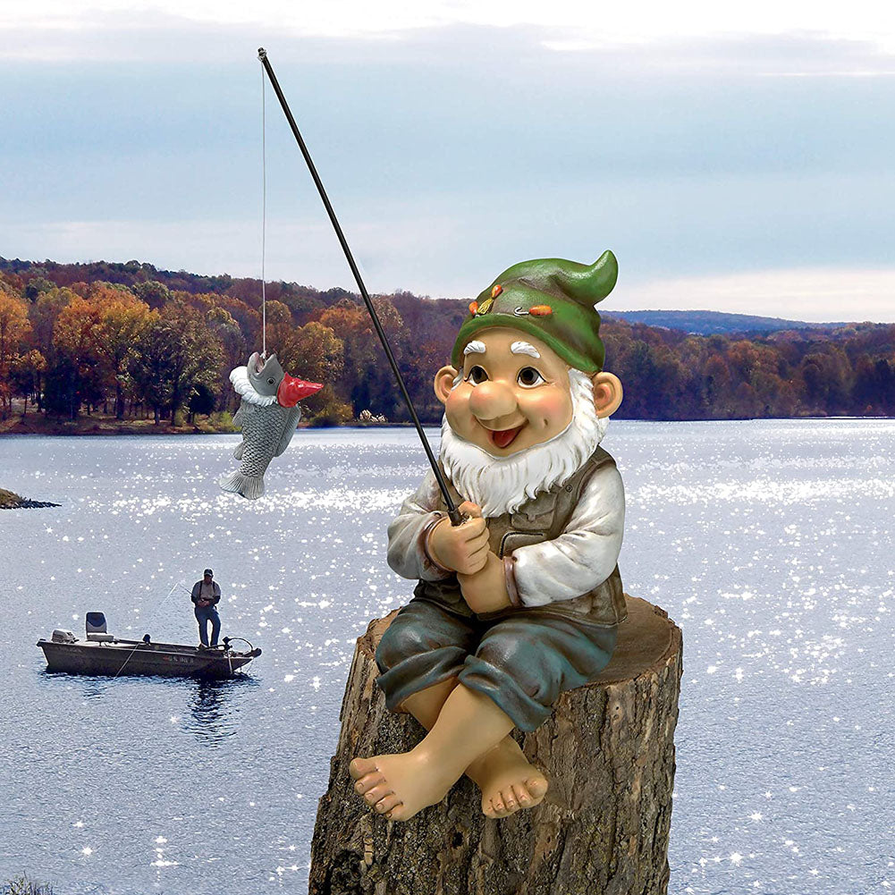 Garden Gnome Statue Resin Fishing Dwarf Elf Figurines Yard Lawn Outdoor