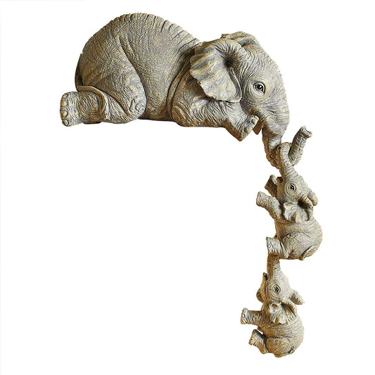 Elephant Mothers Hanging 2-Babies Figurine Animal Resin Craft Ornaments