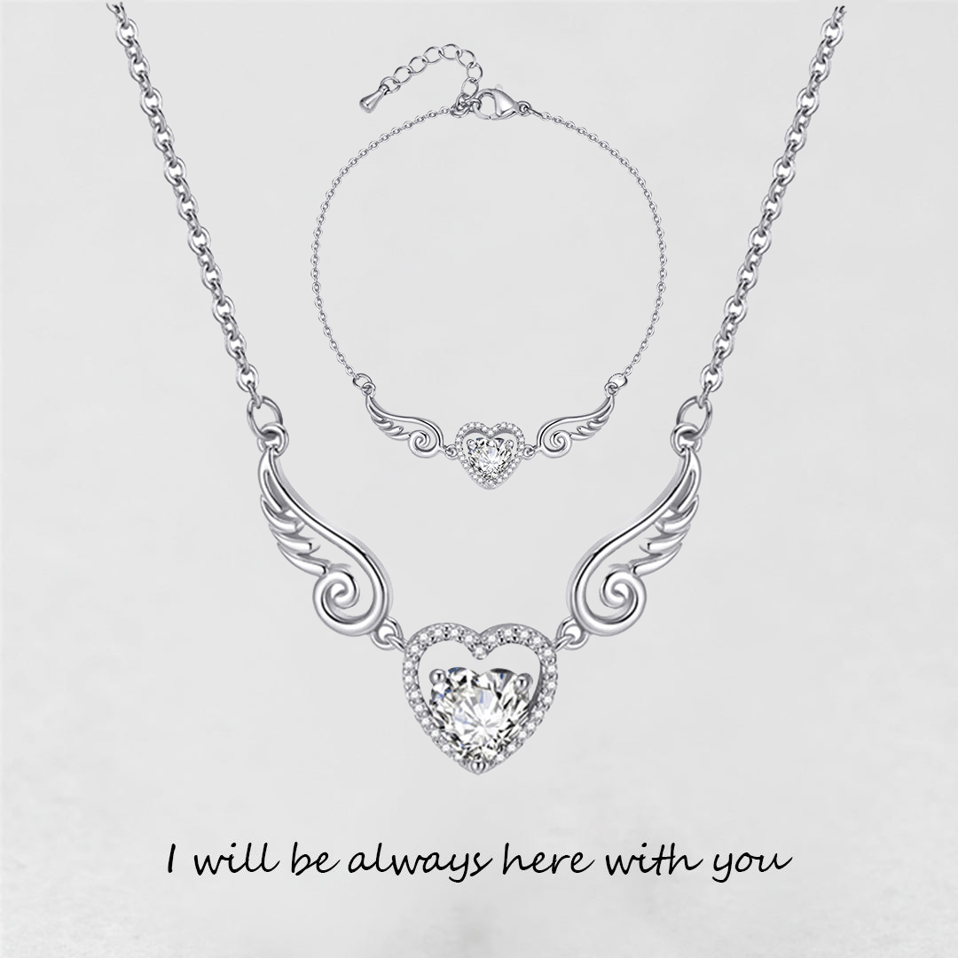 '' I Will Be Always Here With You '' Angel Wing Heart Necklace | Bracelet