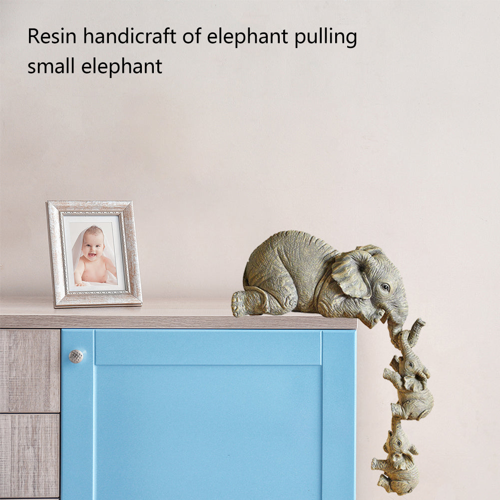 Elephant Mothers Hanging 2-Babies Figurine Animal Resin Craft Ornaments