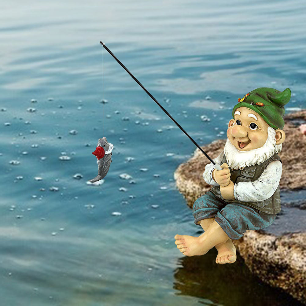 Garden Gnome Statue Resin Fishing Dwarf Elf Figurines Yard Lawn Outdoor
