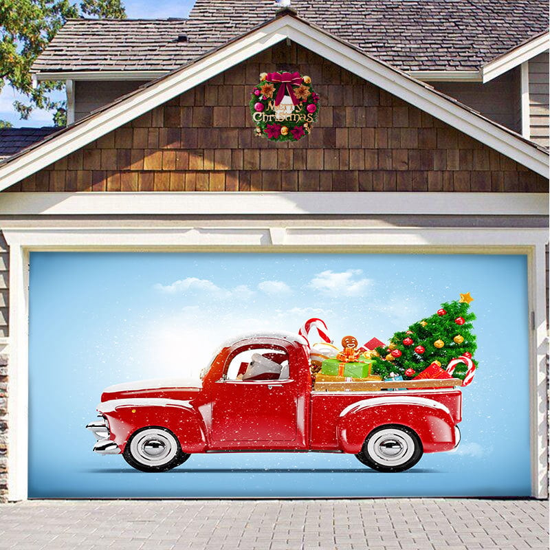 Roter LKW Weihnachten - Weihnachtsdeko für Garagentor für Einzelgarage 