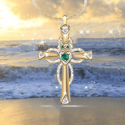 Emerald And Diamond Claddagh Cross Symbolizes Faith And Love