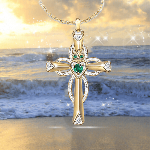 Emerald And Diamond Claddagh Cross Symbolizes Faith And Love